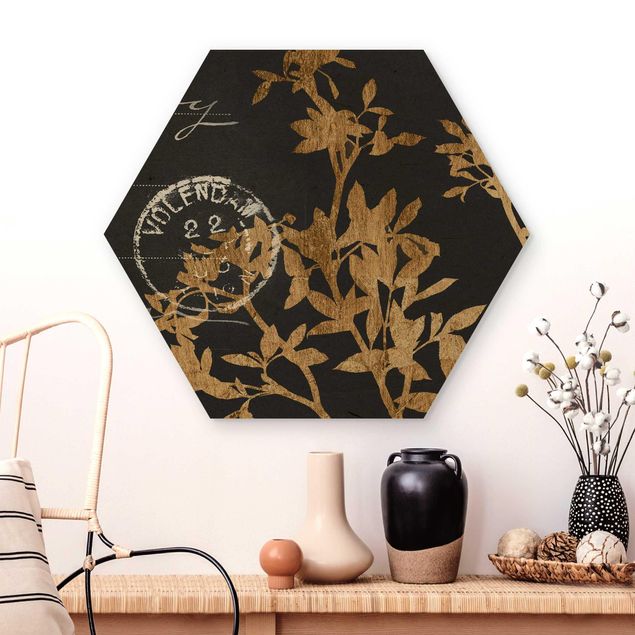 Holzbilder Blumen Goldene Blätter auf Mokka II