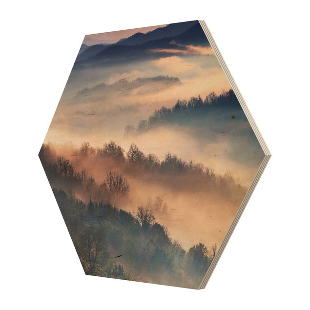 Hexagon Bild Holz - Nebel bei Sonnenuntergang