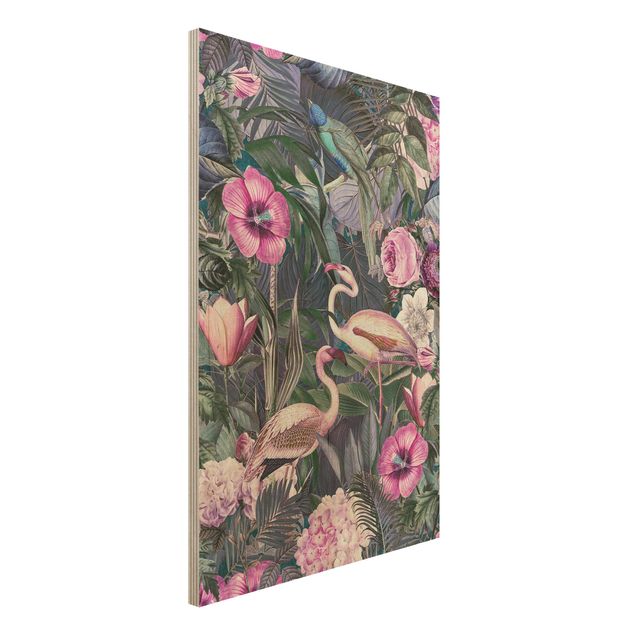 Holzbilder Blumen Bunte Collage - Pinke Flamingos im Dschungel