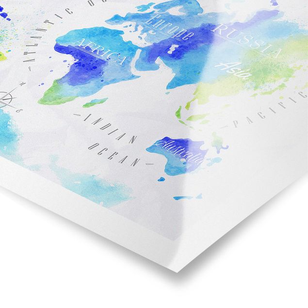 Poster - Weltkarte Aquarell blau grün - Querformat 2:3