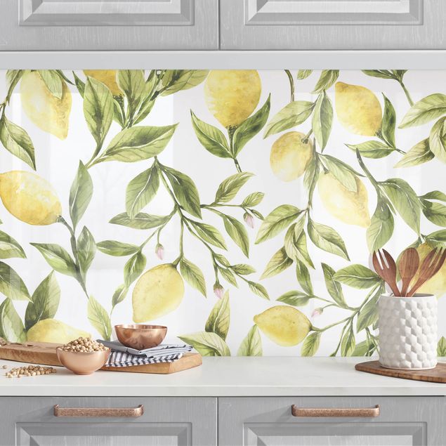 Platte Küchenrückwand Fruchtige Zitronen mit Blättern II
