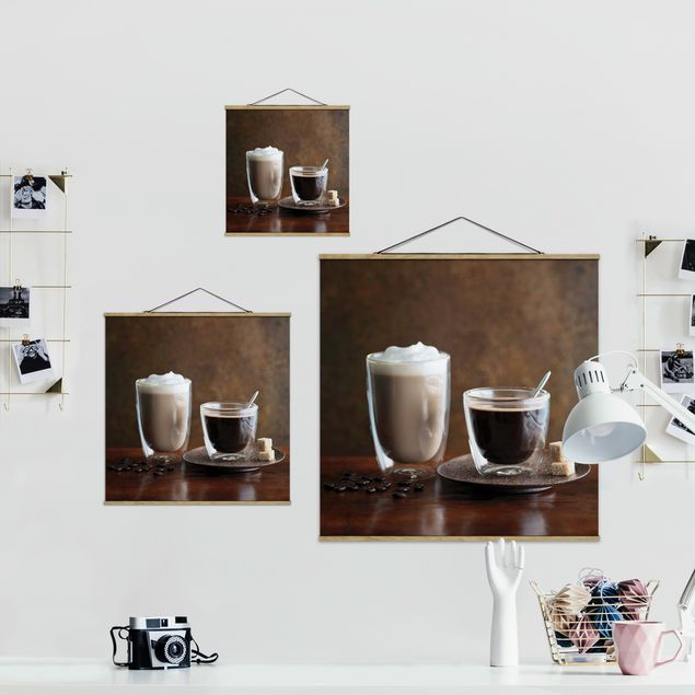 Stoffbild mit Posterleisten - Espresso und Milchkaffee - Quadrat 1:1