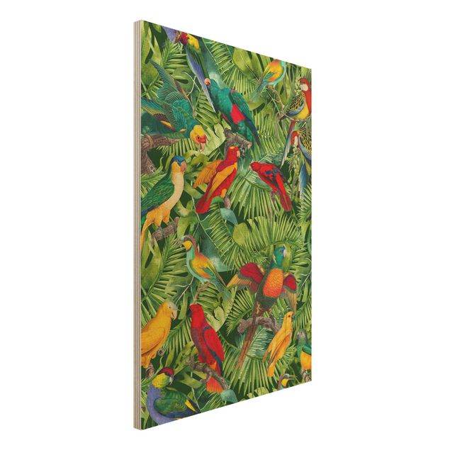Holzbild Blumen Bunte Collage - Papageien im Dschungel