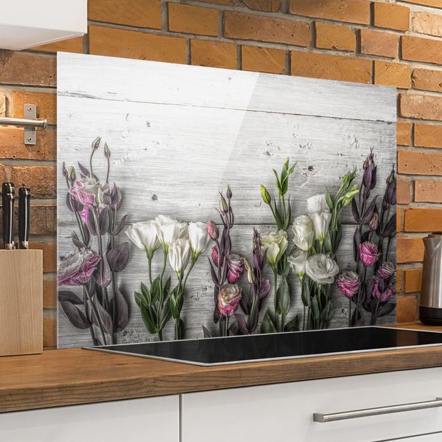 Glasrückwand Küche Blumen Tulpen-Rose Shabby Holzoptik