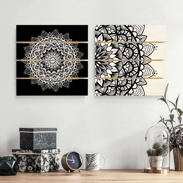 Holzbilder Muster Mandala Illustration shabby Set schwarz weiß