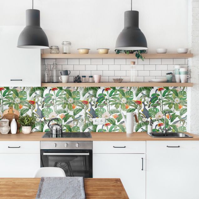 Wandpaneele Küche Tropischer Tukan mit Monstera und Palmenblättern II