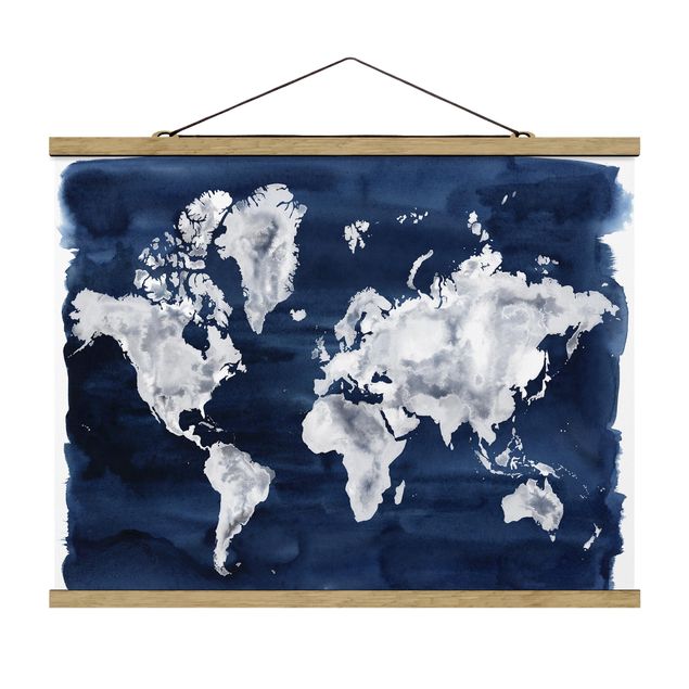 Stoffbild mit Posterleisten - Wasser-Weltkarte dunkel - Querformat 4:3