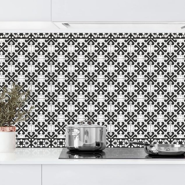 Platte Küchenrückwand Geometrischer Fliesenmix Herzen Schwarz