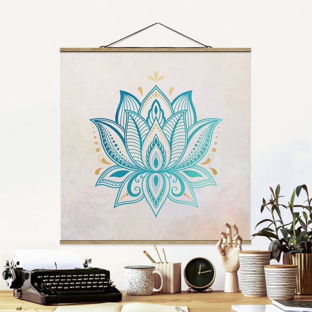 Stoffbild mit Posterleisten - Lotus Illustration Mandala gold blau - Quadrat 1:1