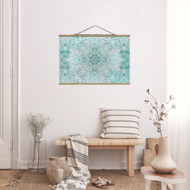 Stoffbild mit Posterleisten - Mandala Aquarell Ornament Muster türkis - Querformat 3:2
