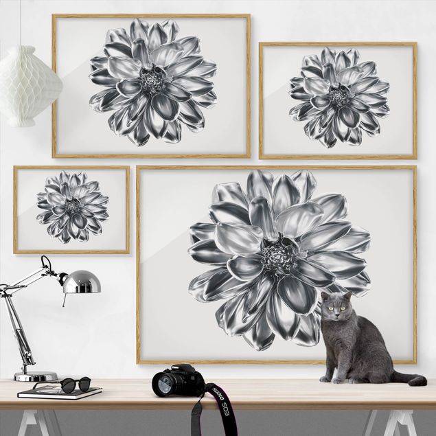 Bild mit Rahmen - Dahlie Blume Silber Metallic - Querformat