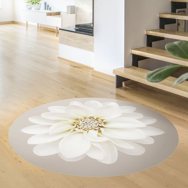 Teppich Blumenmuster Dahlie Weiß Taupe Pastell Zentriert