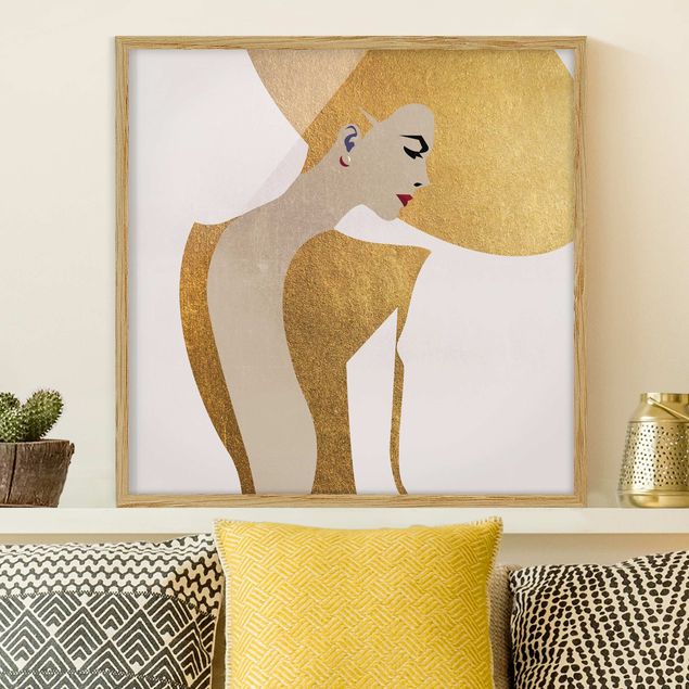 Moderne Bilder mit Rahmen Dame mit Hut in Gold