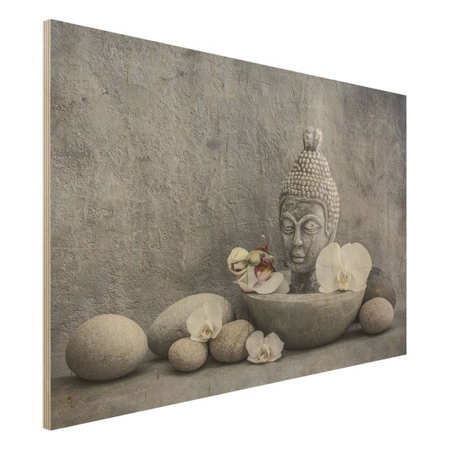 Wandbild Holz Zen Buddha, Orchideen und Steine