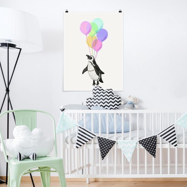 Moderne Poster Illustration Pinguin Pastell Luftballons