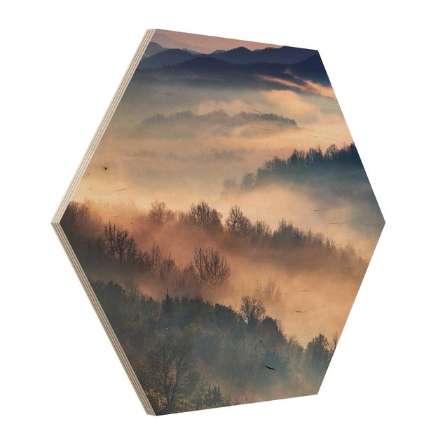 Hexagon Bild Holz - Nebel bei Sonnenuntergang