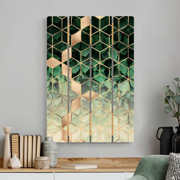 Holzbilder Muster Grüne Blätter goldene Geometrie