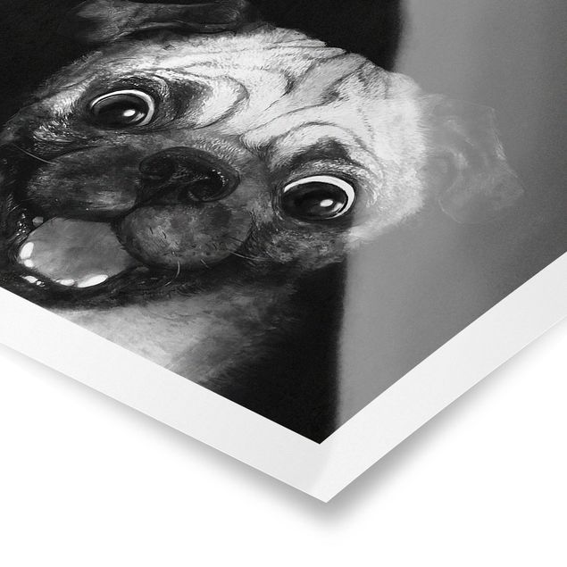 Poster - Illustration Hund Mops Malerei auf Schwarz Weiß - Quadrat 1:1