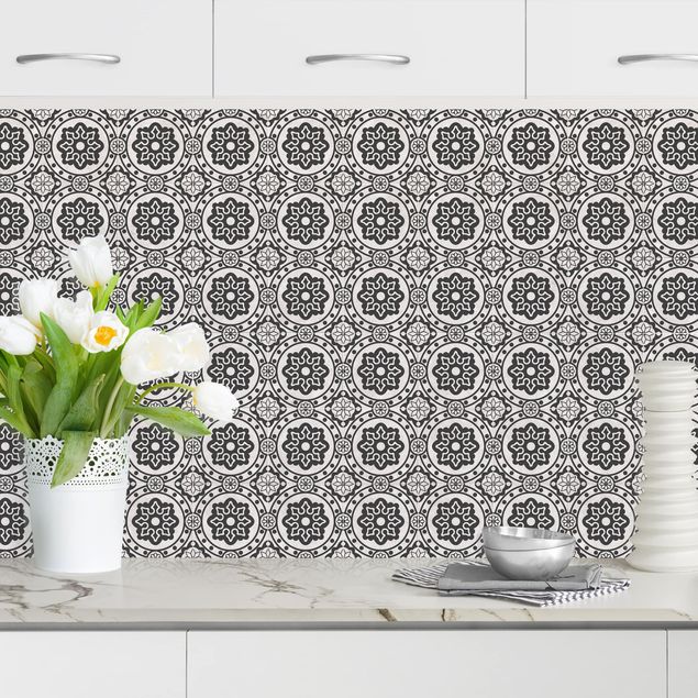 Platte Küchenrückwand Florale Fliesen schwarz-weiß