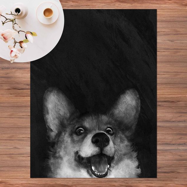 Teppich für Balkon Illustration Hund Corgi Malerei Schwarz Weiß