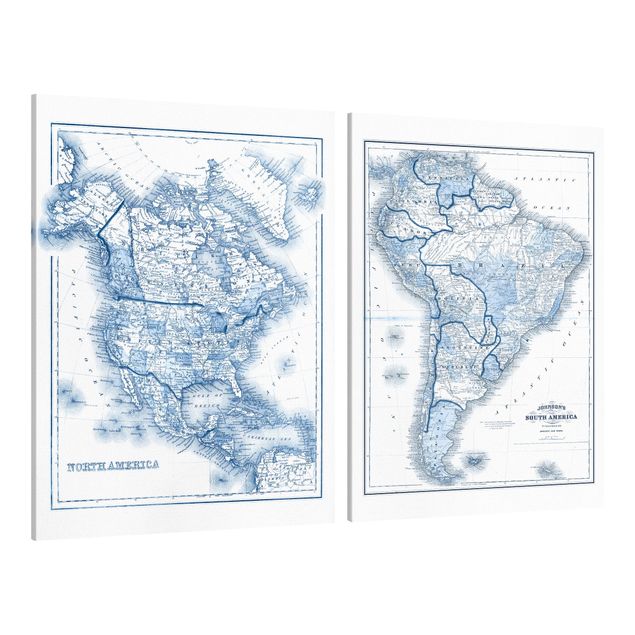 Leinwandbilder Karten in Blautönen Nord- und Südamerika Set I