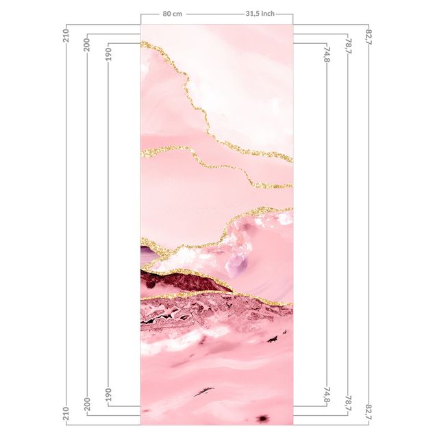 Duschrückwand - Abstrakte Berge Rosa mit Goldenen Linien
