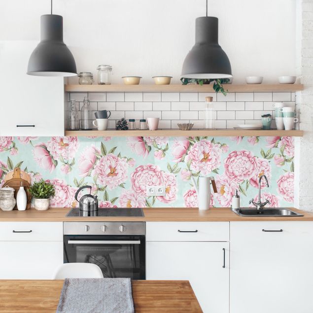 Wandpaneele Küche Rosa Blumen auf Mint als Aquarell