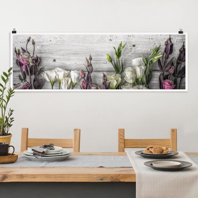 Poster - Tulpen-Rose Shabby Holzoptik - Panorama Querformat