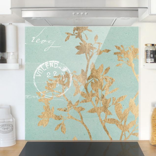 Glasrückwand Küche Blumen Goldene Blätter auf Turquoise II