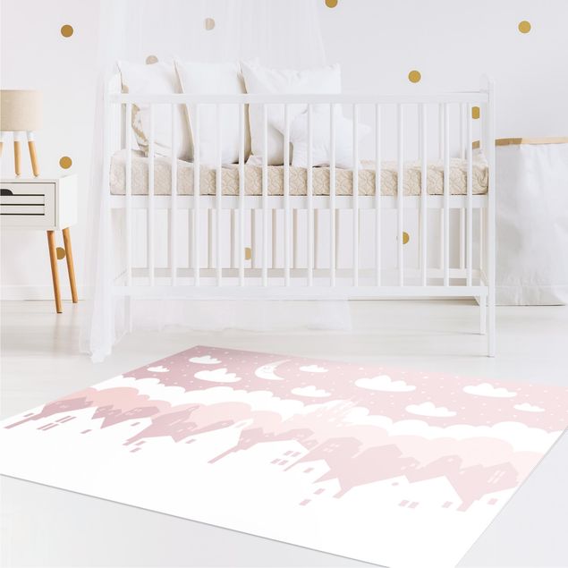 Teppich Kinderzimmer Sternenhimmel mit Häusern und Mond in rosa