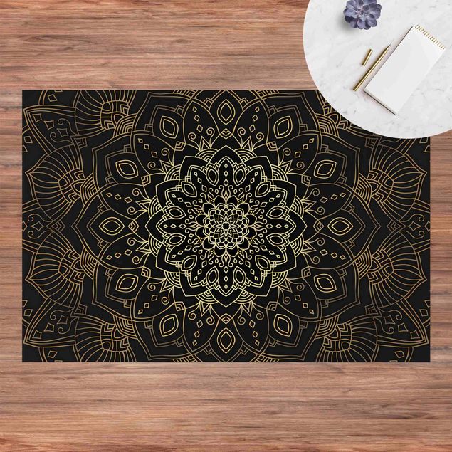 Teppich für Balkon Mandala Blüte Muster gold schwarz