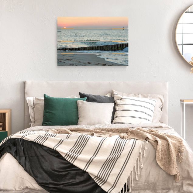 Wandbild Holz Sonnenuntergang am Meer