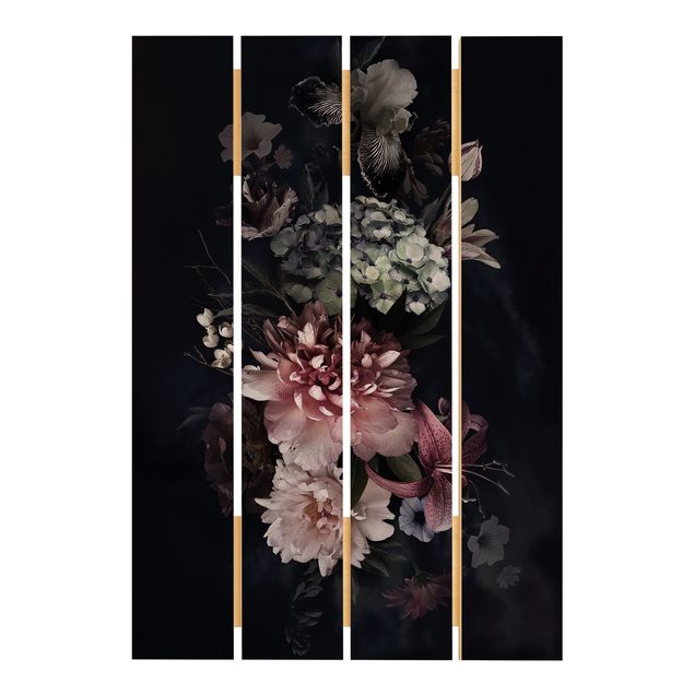 Holzbild - Blumen mit Nebel auf Schwarz - Hochformat 3:2