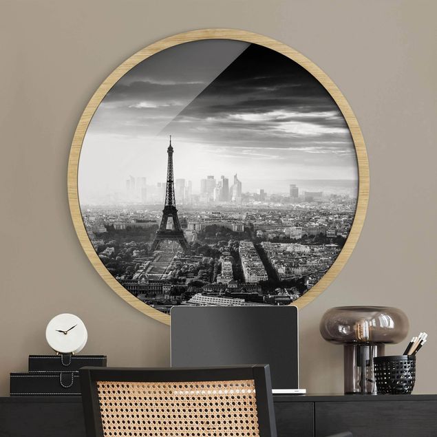 Moderne Bilder mit Rahmen Der Eiffelturm von Oben Schwarz-weiß