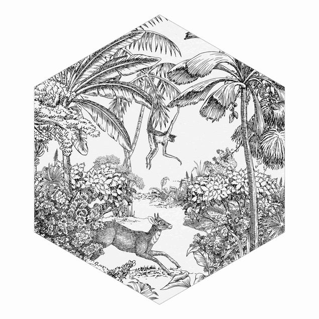 Hexagon Mustertapete selbstklebend - Detaillierte Dschungelzeichnung