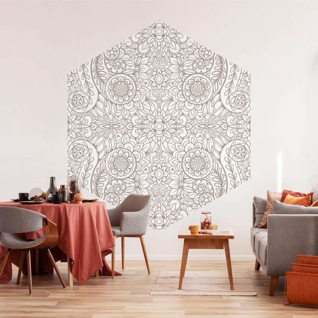 Hexagon Mustertapete selbstklebend - Detailliertes Jugendstilmuster in Graubeige