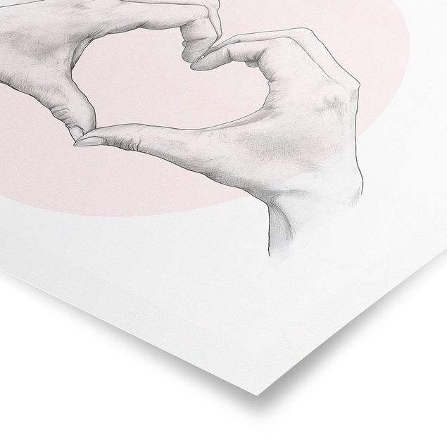 Poster - Illustration Herz Hände Kreis Rosa Weiß - Querformat 3:4