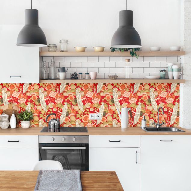 Küche Wandpaneel Kraniche und Chrysanthemen Rot