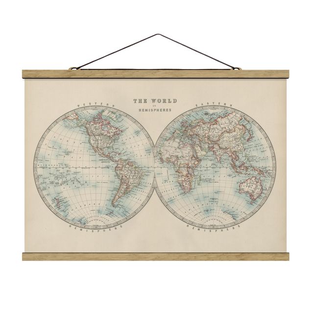 Stoffbild mit Posterleisten - Vintage Weltkarte Die zwei Hemispheren - Querformat 3:2