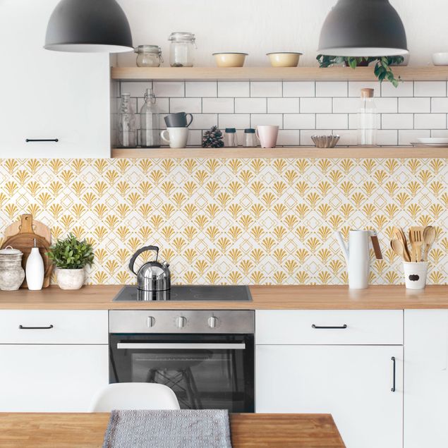 Küchenrückwand selbstklebend Glitzeroptik mit Art Deco Muster in Gold