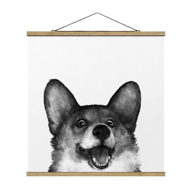 Stoffbild mit Posterleisten - Laura Graves - Illustration Hund Corgi Weiß Schwarz Malerei - Quadrat 1:1