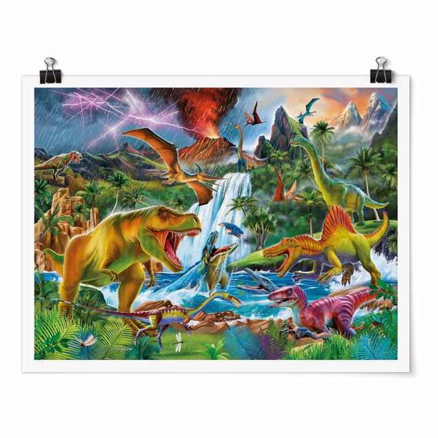 Poster - Dinosaurier im Urzeitgewitter - Querformat 4:3