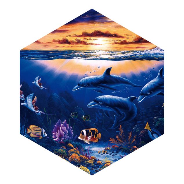 Hexagon Mustertapete selbstklebend - Dolphins World