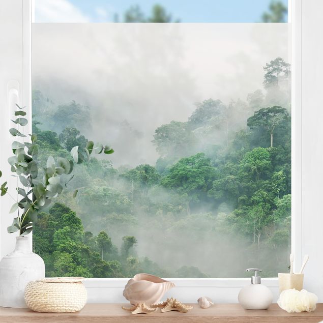 Fensterbilder selbstklebend Blumen Dschungel im Nebel