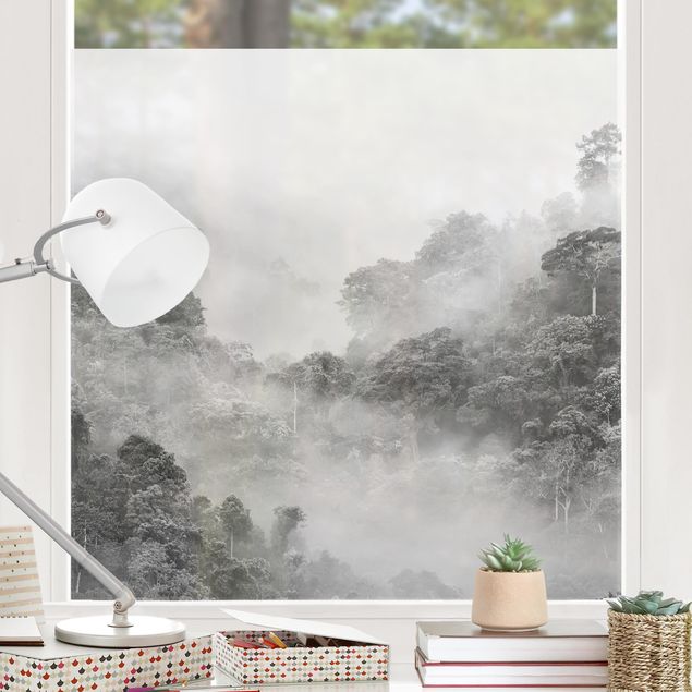 Blumen Fensterbild Dschungel im Nebel Schwarz-Weiß