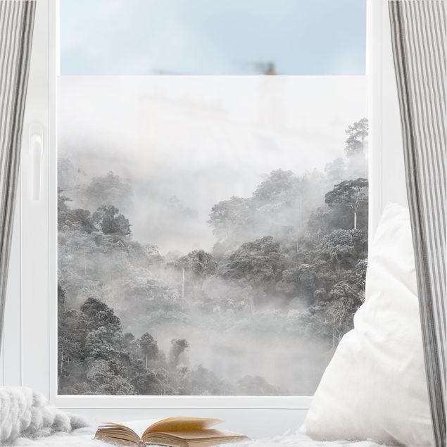 Fensterfolie Motiv Blumen Dschungel im Nebel Schwarz-Weiß