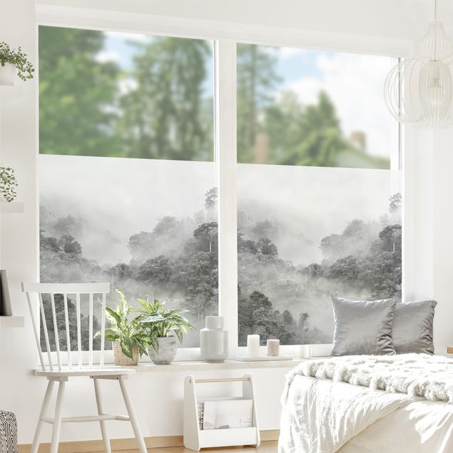 Klebefolie Fenster Dschungel im Nebel Schwarz-Weiß