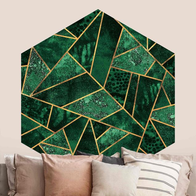 Hexagon Mustertapete selbstklebend - Dunkler Smaragd mit Gold