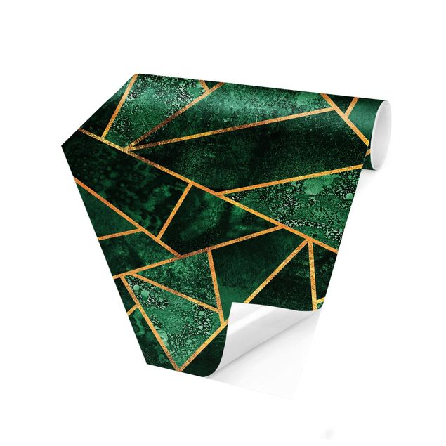 Hexagon Mustertapete selbstklebend - Dunkler Smaragd mit Gold