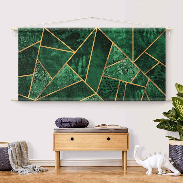 Wandteppich modern Dunkler Smaragd mit Gold